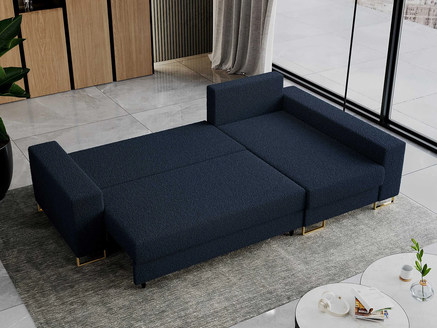 Ecksofa DORIAN - schlaffunktion und Bettkasten, lose Kissen - Dunkelblau Boucle