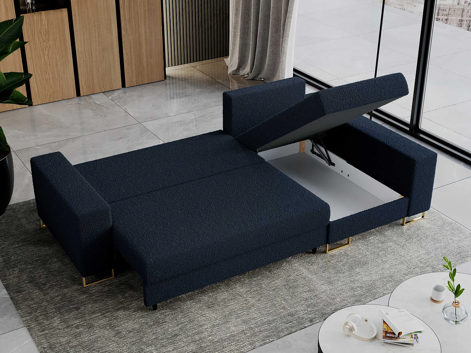 Ecksofa DORIAN - schlaffunktion und Bettkasten, lose Kissen - Dunkelblau Boucle