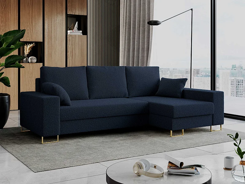 Ecksofa DORIAN - schlaffunktion und Bettkasten, lose Kissen - Dunkelblau Boucle