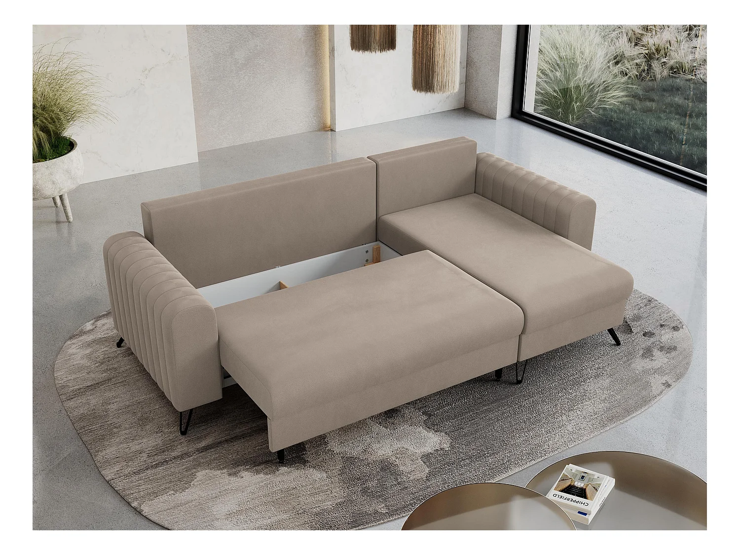 Ecksofa AXEL - universal mit schlaffunktion, Bettkasten - Hellbraun Velvet