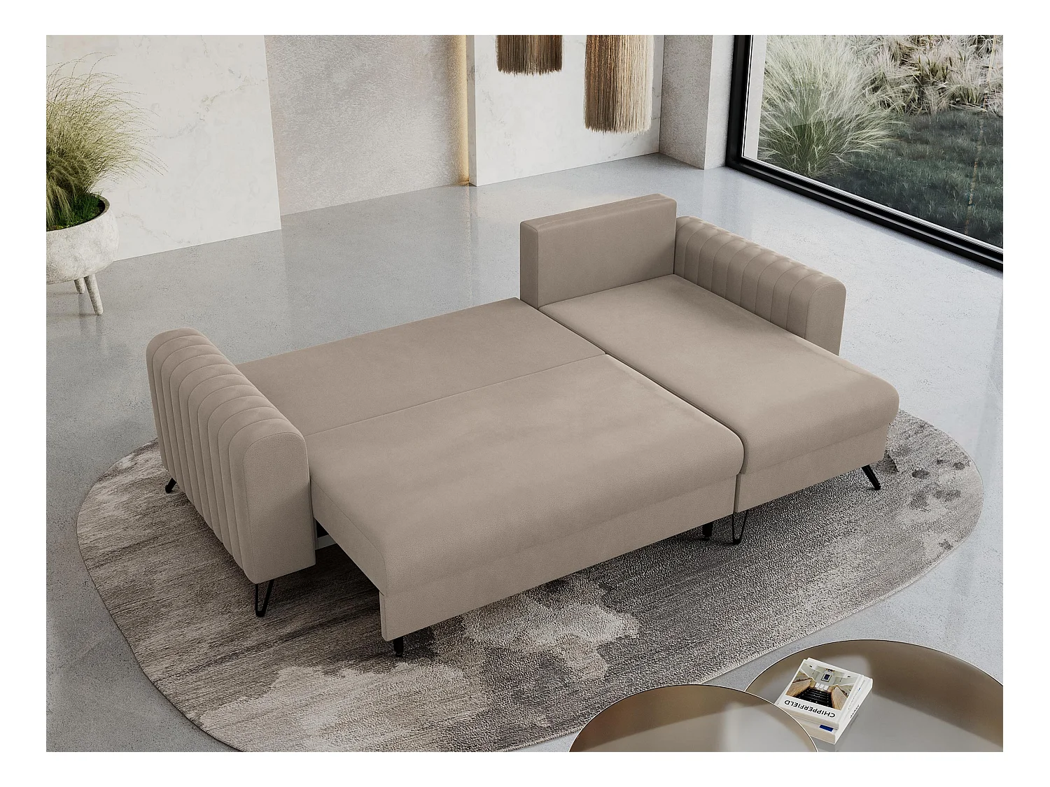 Ecksofa AXEL - universal mit schlaffunktion, Bettkasten - Hellbraun Velvet