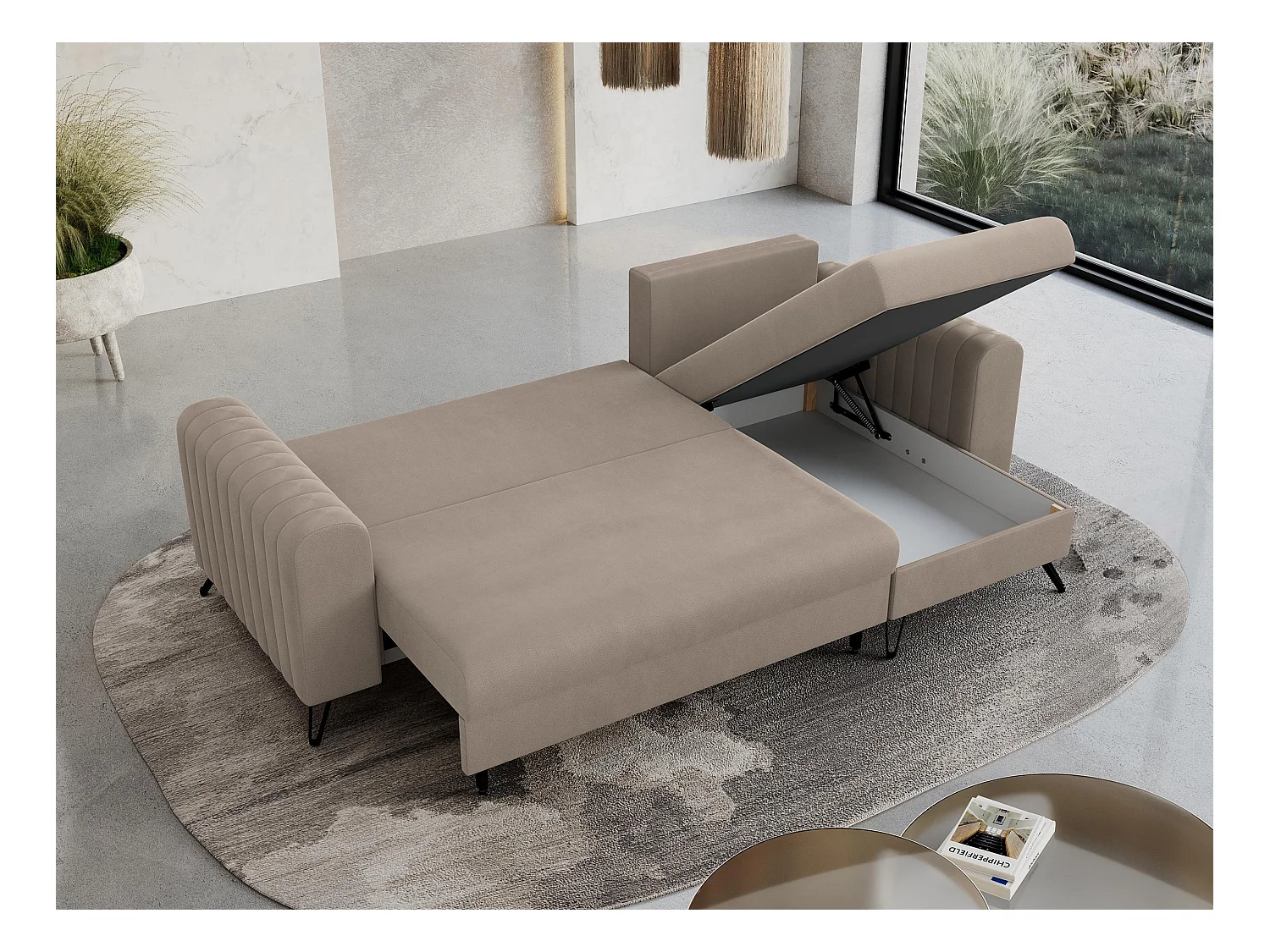 Ecksofa AXEL - universal mit schlaffunktion, Bettkasten - Hellbraun Velvet