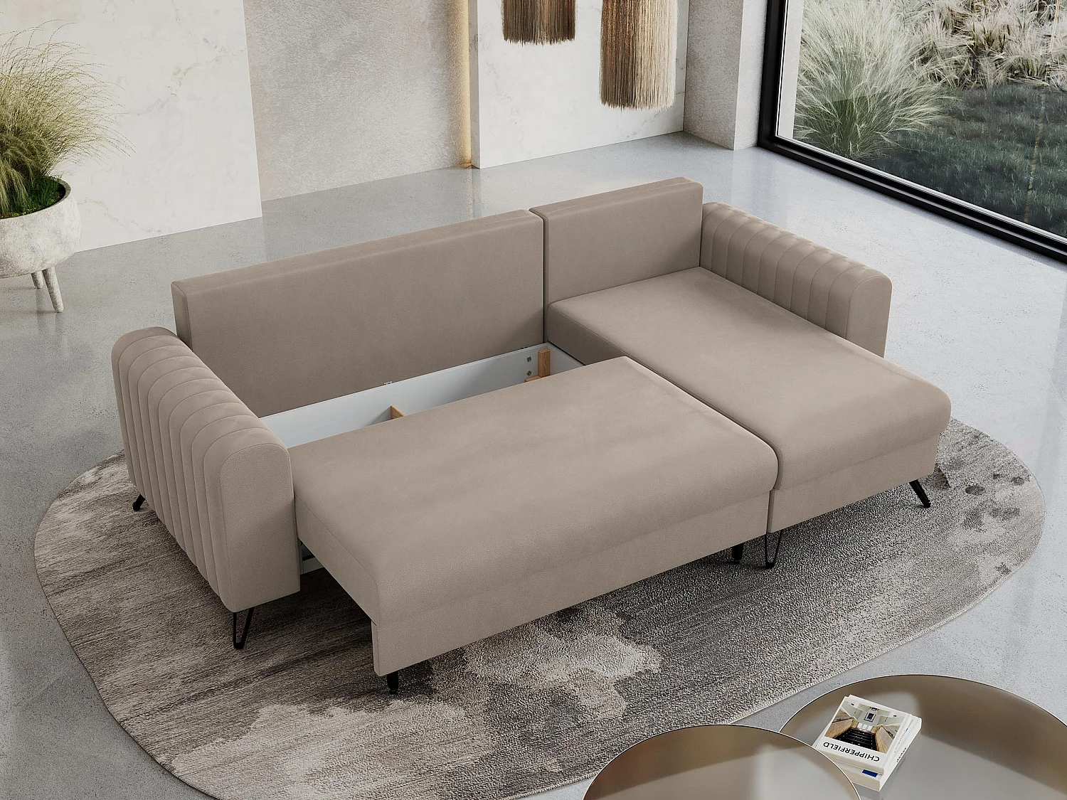 Ecksofa AXEL - universal mit schlaffunktion, Bettkasten - Hellbraun Velvet