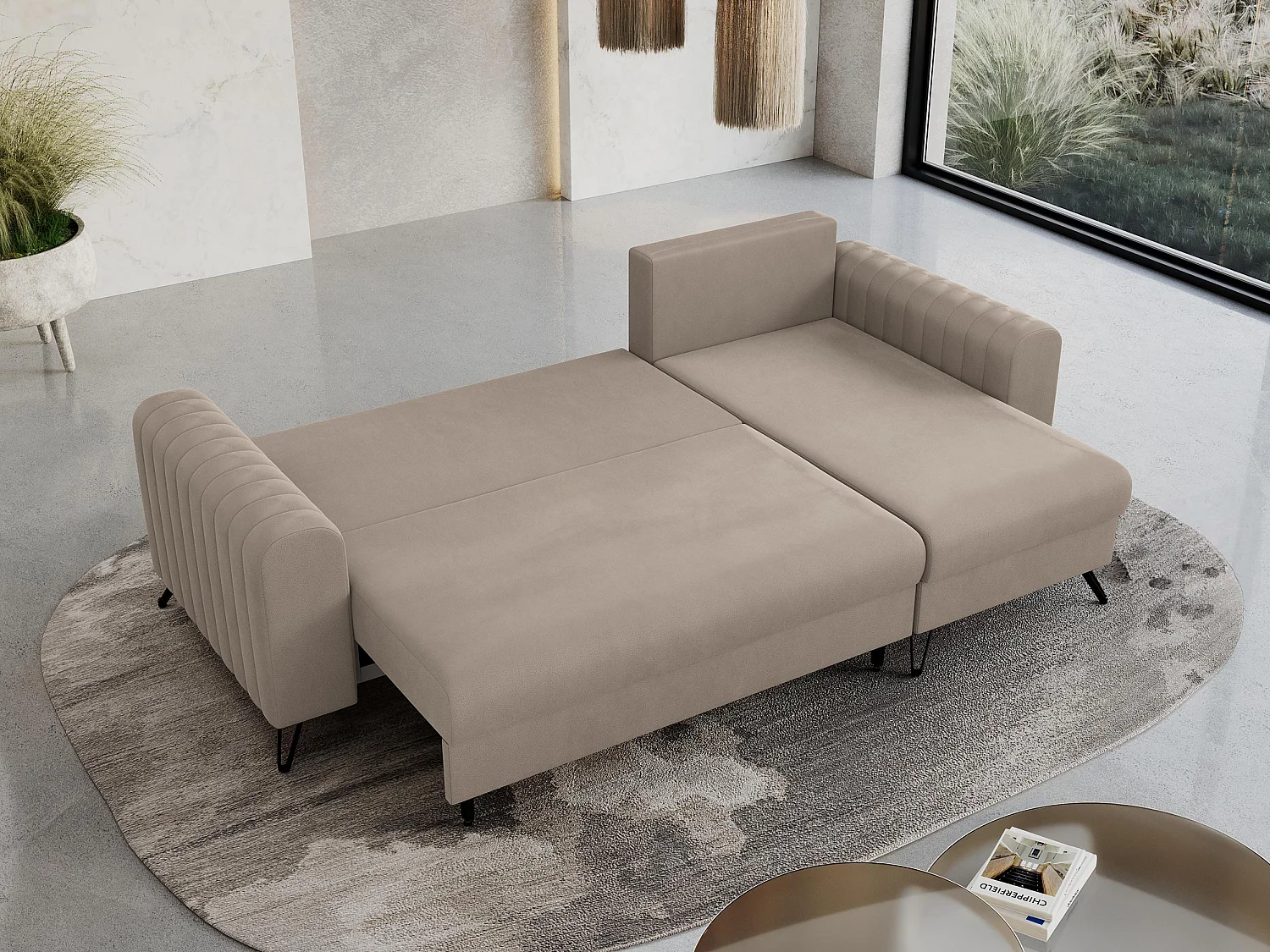 Ecksofa AXEL - universal mit schlaffunktion, Bettkasten - Hellbraun Velvet