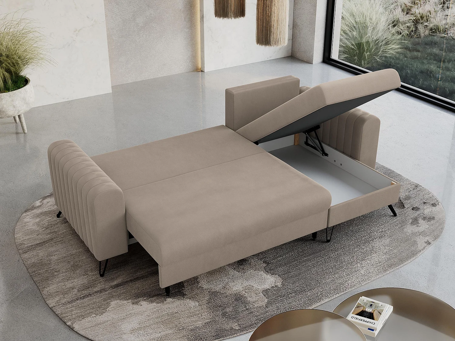 Ecksofa AXEL - universal mit schlaffunktion, Bettkasten - Hellbraun Velvet