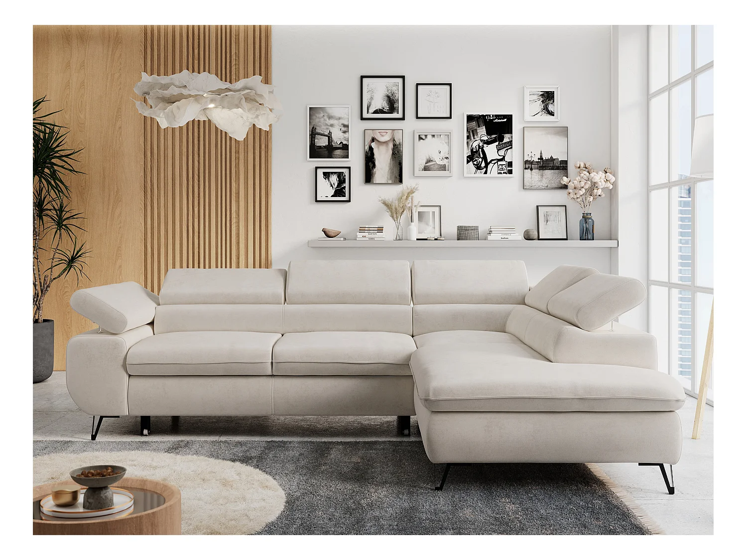 Ecksofa PETER verstellbare Kopfstütze, schlaffunktion - Hellbeige Velvet - Ecke Rechts