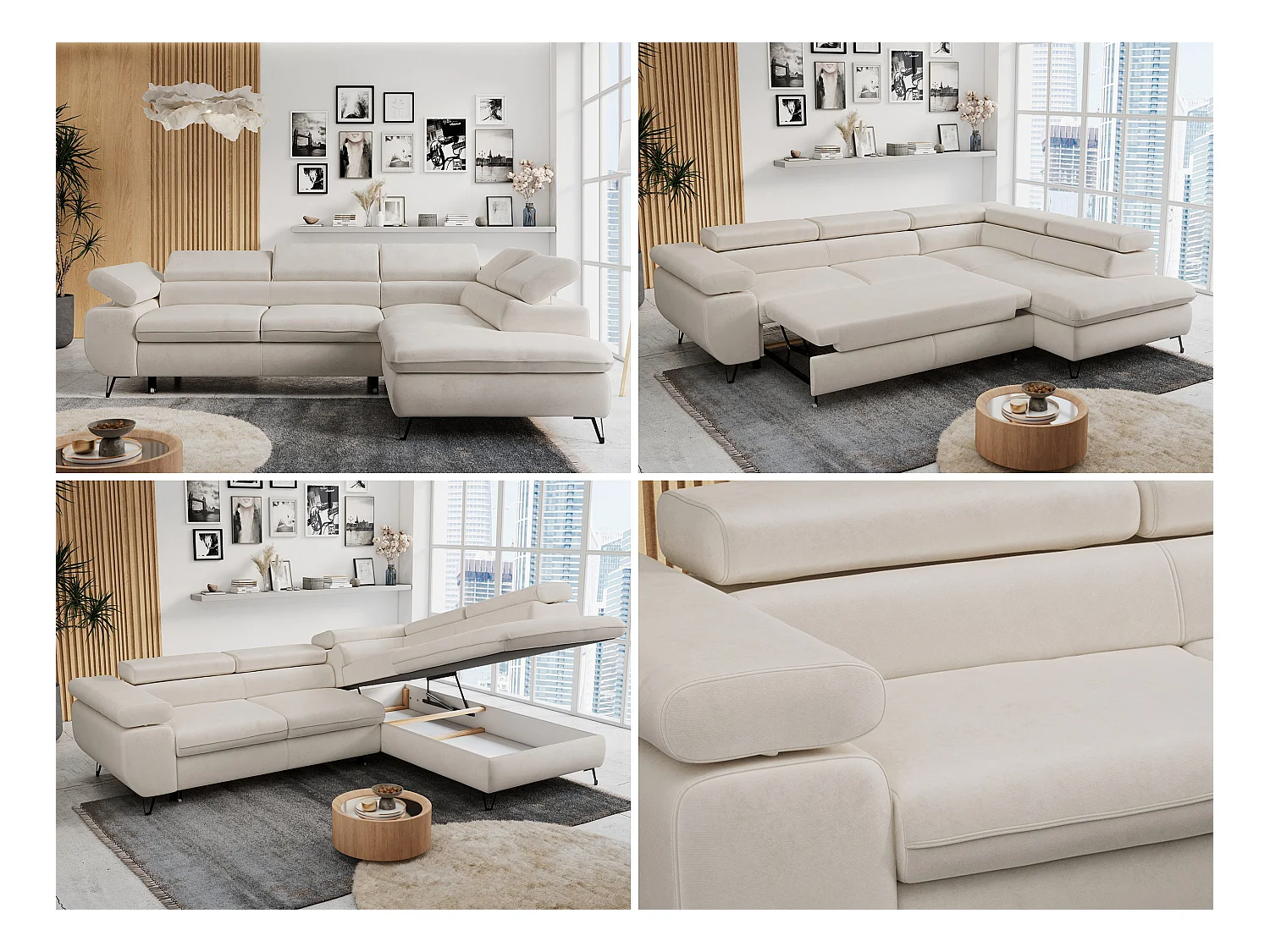 Ecksofa PETER verstellbare Kopfstütze, schlaffunktion - Hellbeige Velvet - Ecke Rechts