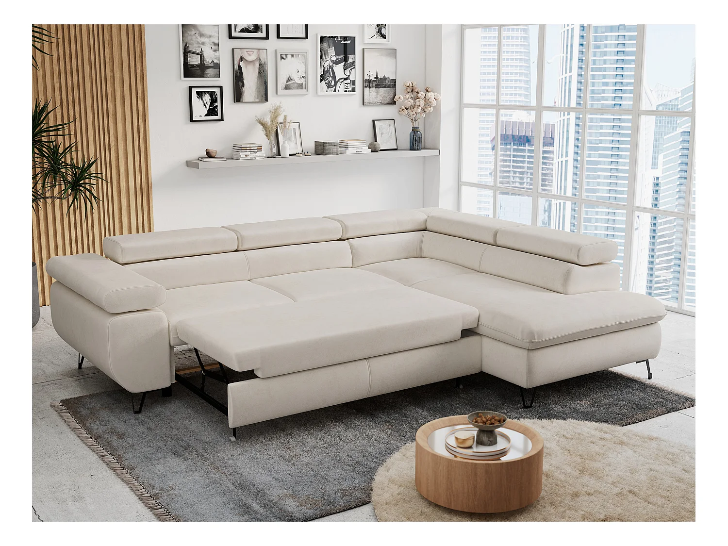 Ecksofa PETER verstellbare Kopfstütze, schlaffunktion - Hellbeige Velvet - Ecke Rechts