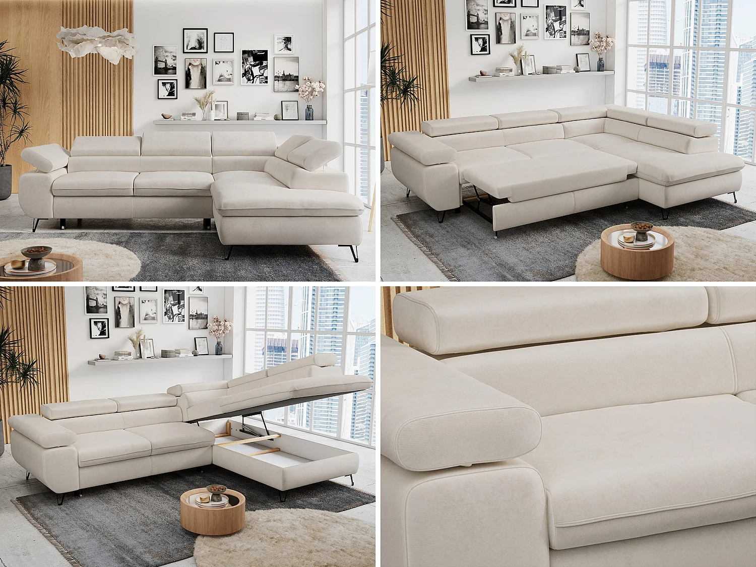 Ecksofa PETER verstellbare Kopfstütze, schlaffunktion - Hellbeige Velvet - Ecke Rechts