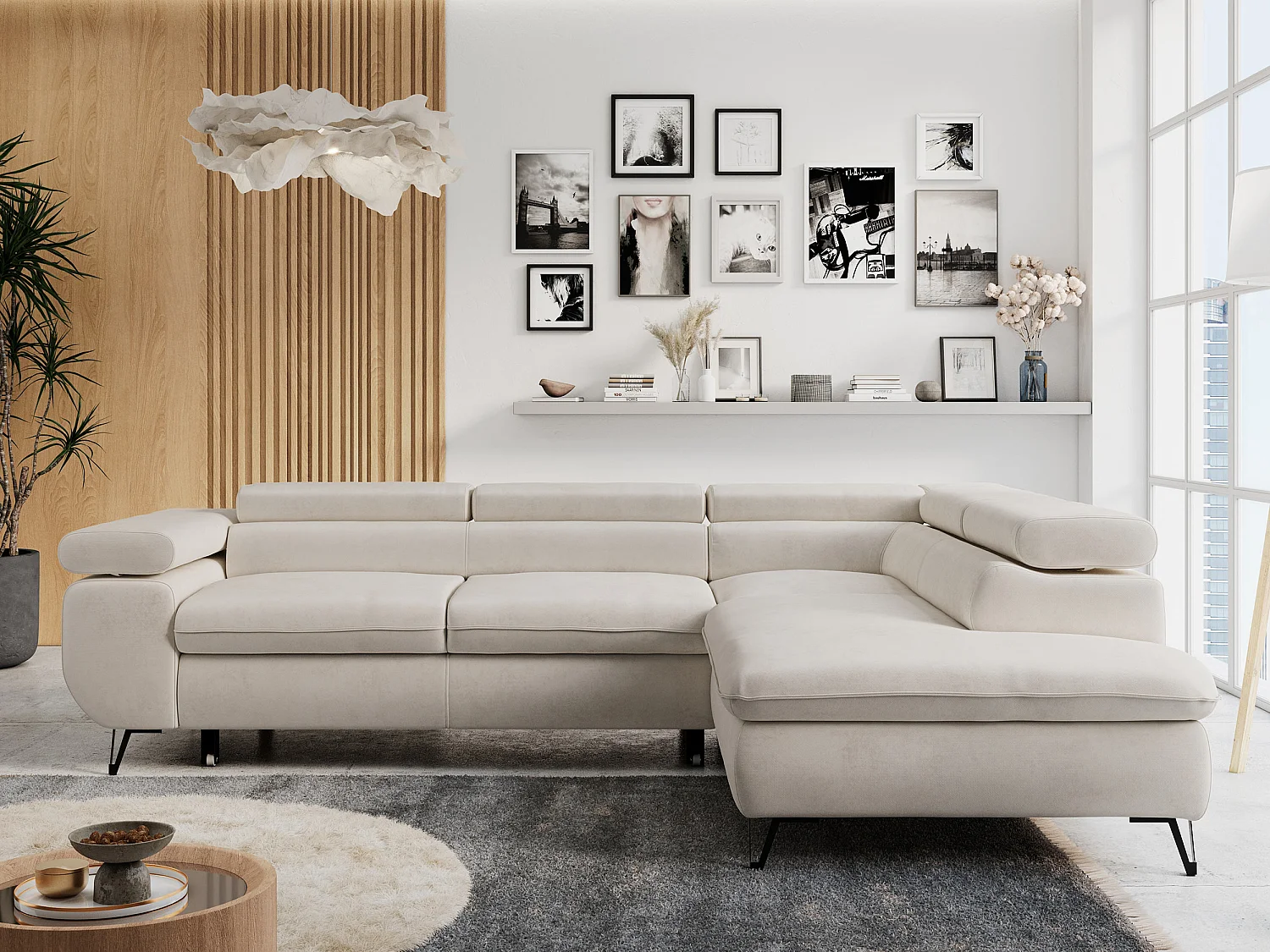 Ecksofa PETER verstellbare Kopfstütze, schlaffunktion - Hellbeige Velvet - Ecke Rechts