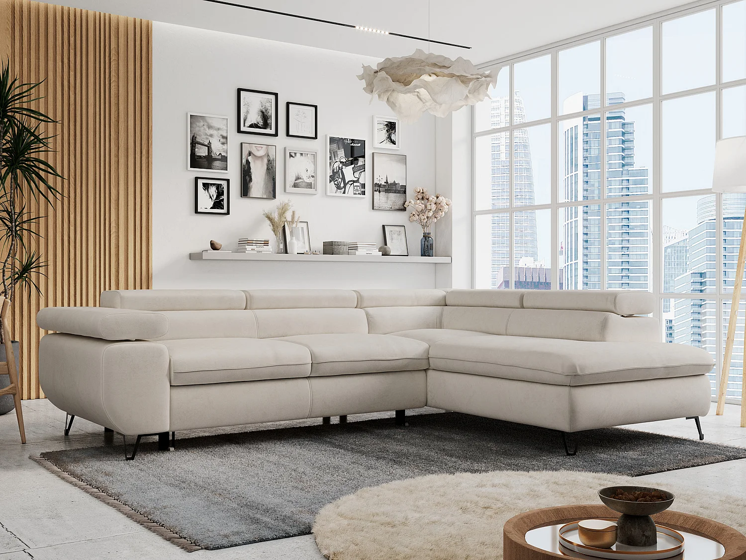 Ecksofa PETER verstellbare Kopfstütze, schlaffunktion - Hellbeige Velvet - Ecke Rechts