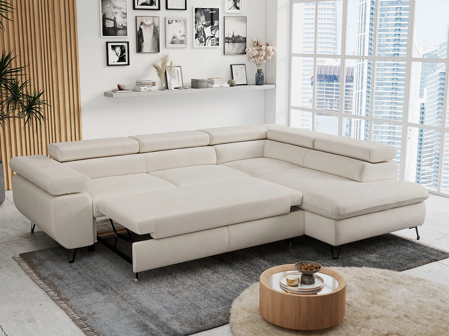 Ecksofa PETER verstellbare Kopfstütze, schlaffunktion - Hellbeige Velvet - Ecke Rechts