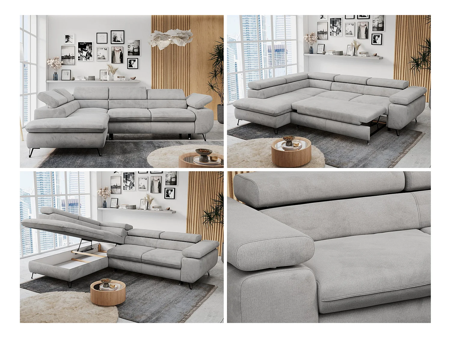 Ecksofa PETER verstellbare Kopfstütze, schlaffunktion - Hellgrau Velvet - Ecke Links