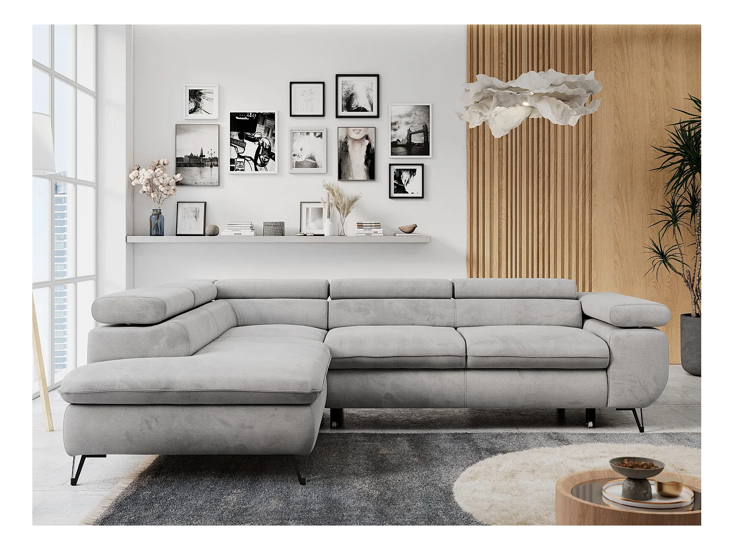 Ecksofa PETER verstellbare Kopfstütze, schlaffunktion - Hellgrau Velvet - Ecke Links