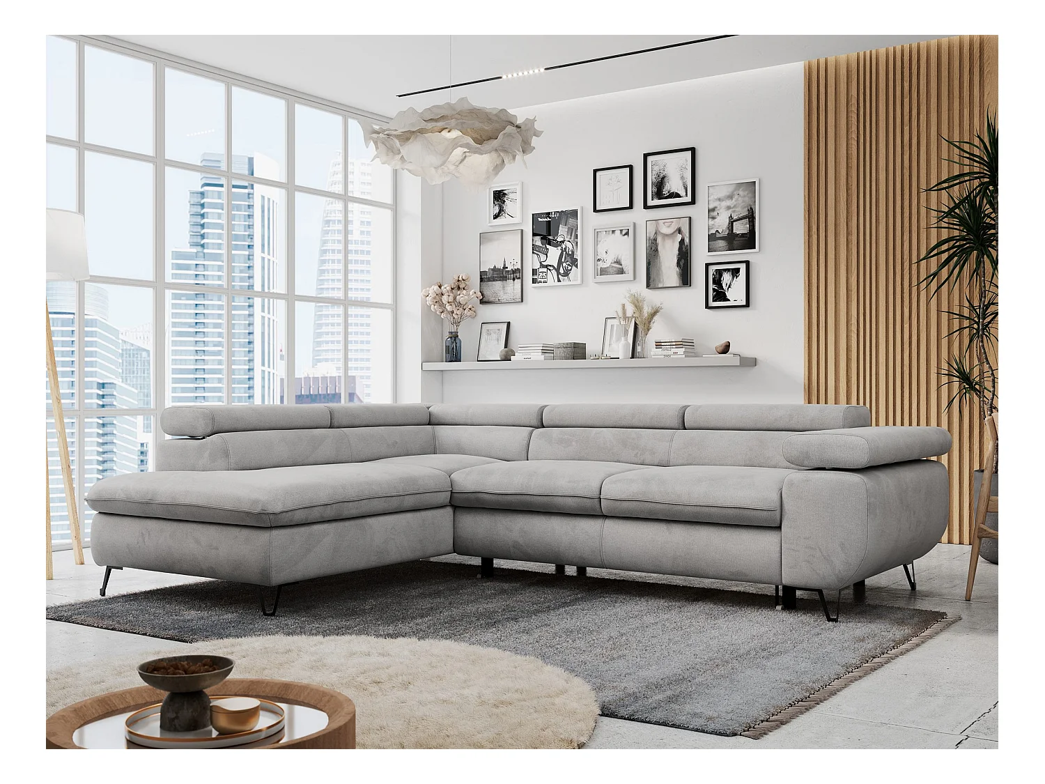 Ecksofa PETER verstellbare Kopfstütze, schlaffunktion - Hellgrau Velvet - Ecke Links