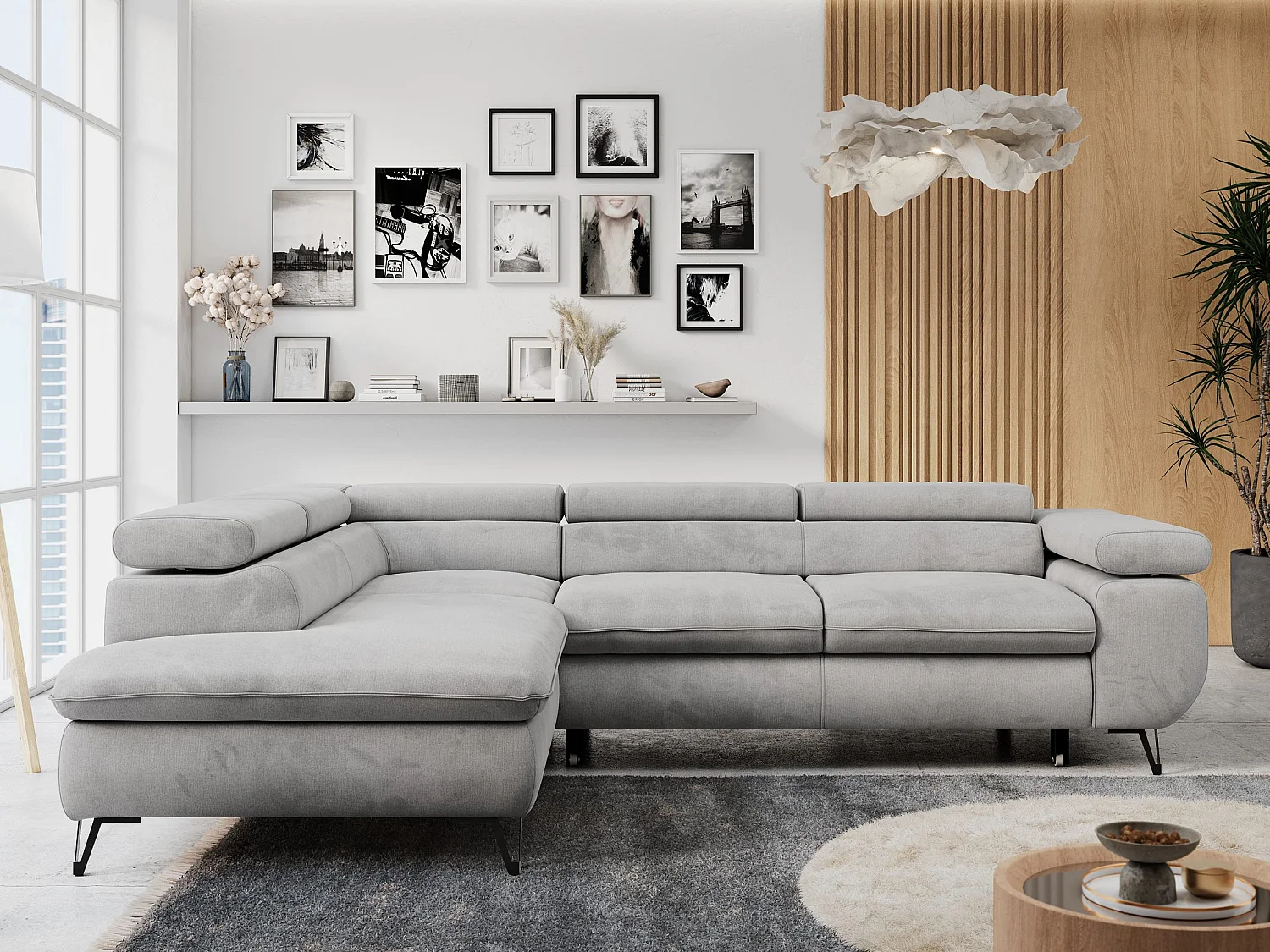 Ecksofa PETER verstellbare Kopfstütze, schlaffunktion - Hellgrau Velvet - Ecke Links