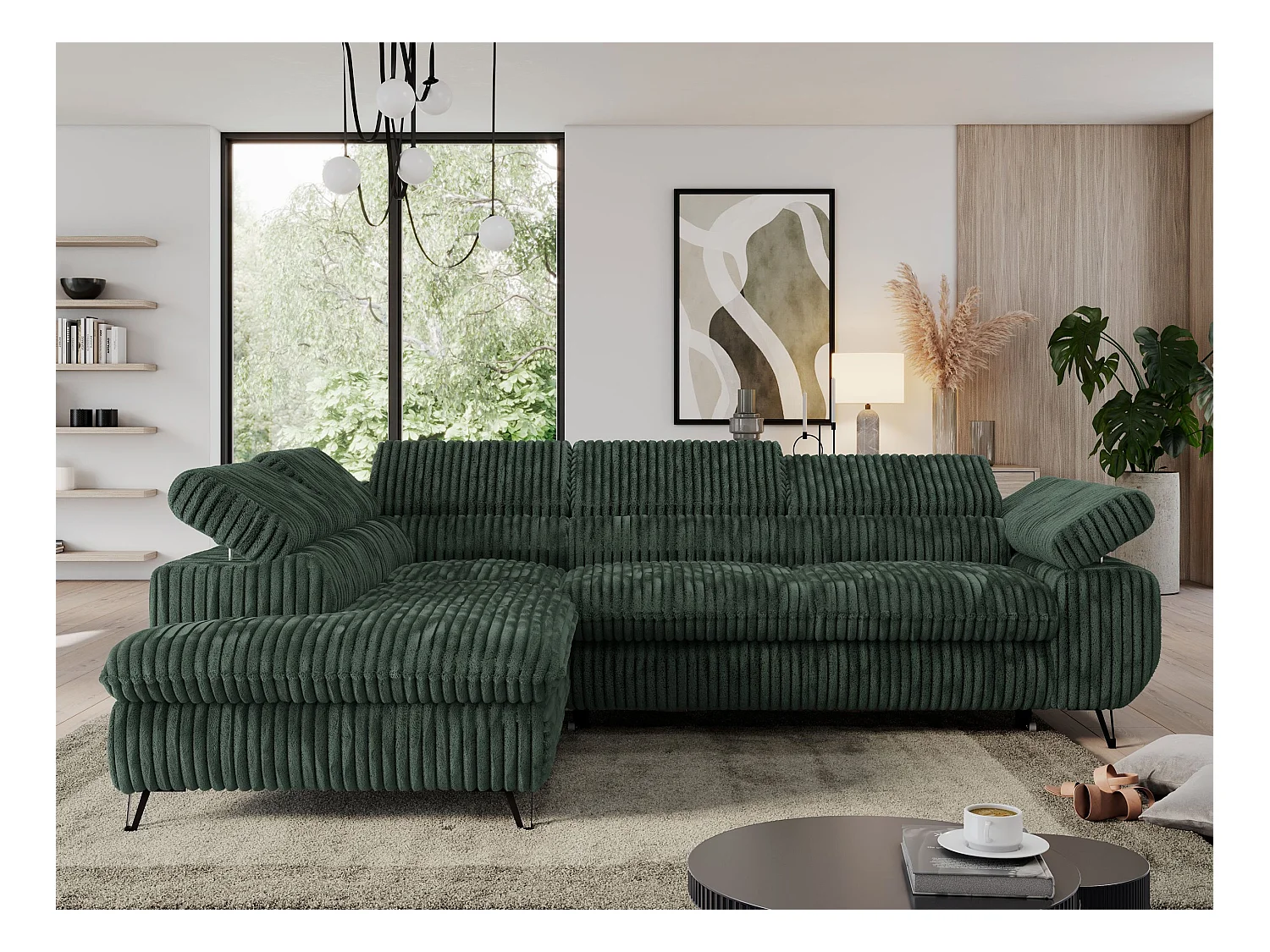 Ecksofa PEDRO - L-Form mit Schlaffunktion 200x125 cm, verstellbaren Kopfstützen - Grün Cord - Ecke Links