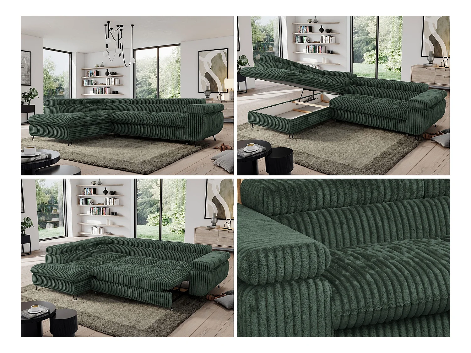 Ecksofa PEDRO - L-Form mit Schlaffunktion 200x125 cm, verstellbaren Kopfstützen - Grün Cord - Ecke Links