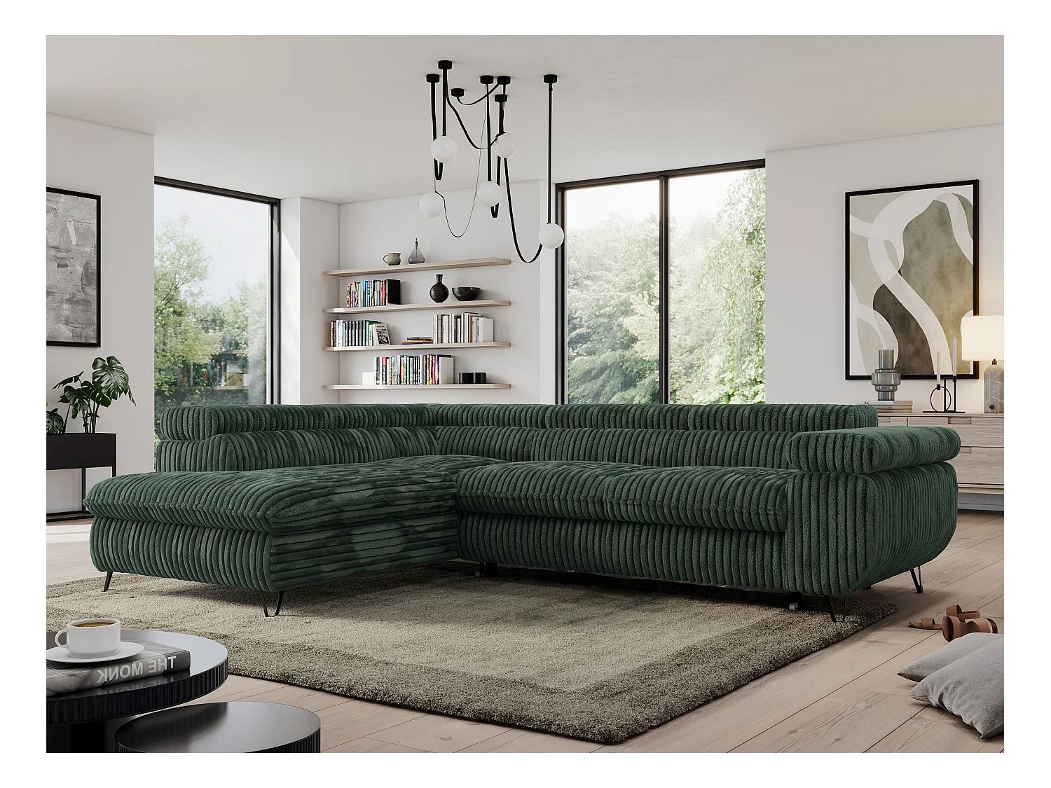 Ecksofa PEDRO - L-Form mit Schlaffunktion 200x125 cm, verstellbaren Kopfstützen - Grün Cord - Ecke Links