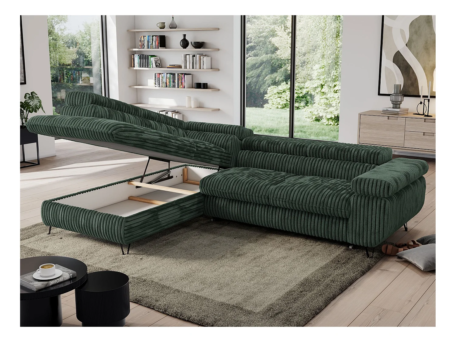 Ecksofa PEDRO - L-Form mit Schlaffunktion 200x125 cm, verstellbaren Kopfstützen - Grün Cord - Ecke Links