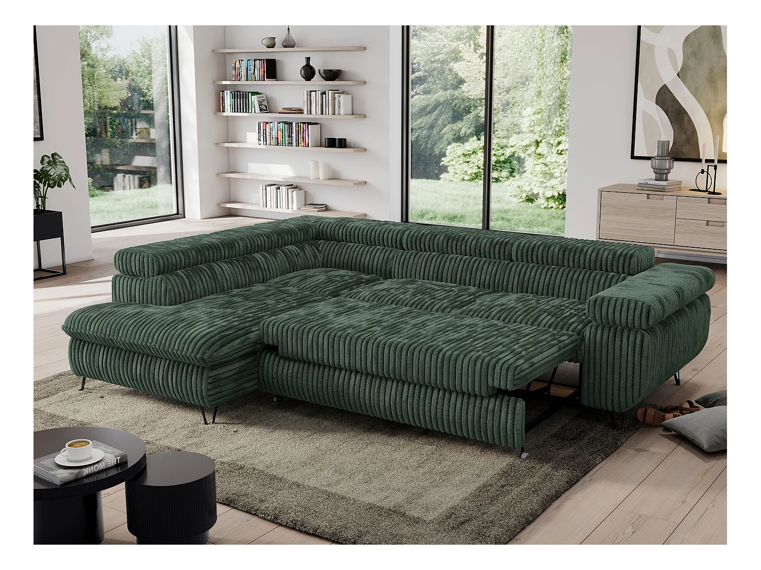 Ecksofa PEDRO - L-Form mit Schlaffunktion 200x125 cm, verstellbaren Kopfstützen - Grün Cord - Ecke Links