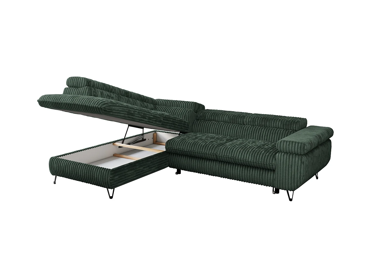 Ecksofa PEDRO - L-Form mit Schlaffunktion 200x125 cm, verstellbaren Kopfstützen - Grün Cord - Ecke Links