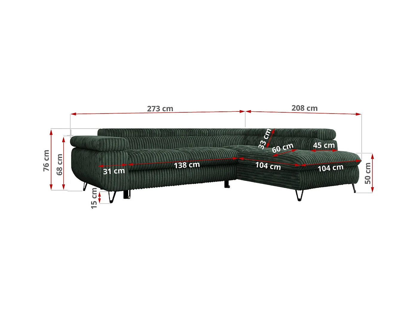 Ecksofa PEDRO - L-Form mit Schlaffunktion 200x125 cm, verstellbaren Kopfstützen - Grün Cord - Ecke Links