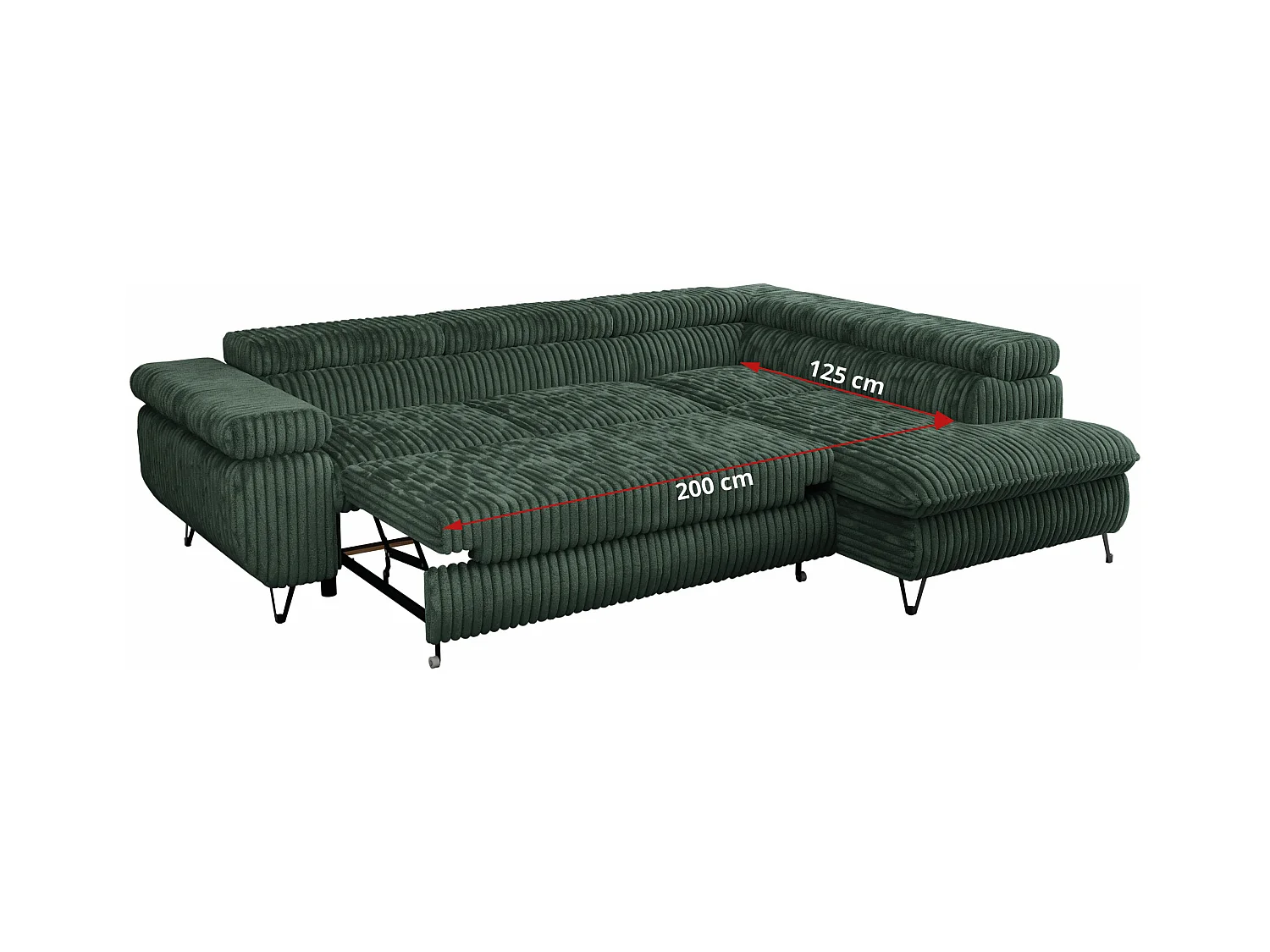 Ecksofa PEDRO - L-Form mit Schlaffunktion 200x125 cm, verstellbaren Kopfstützen - Grün Cord - Ecke Links
