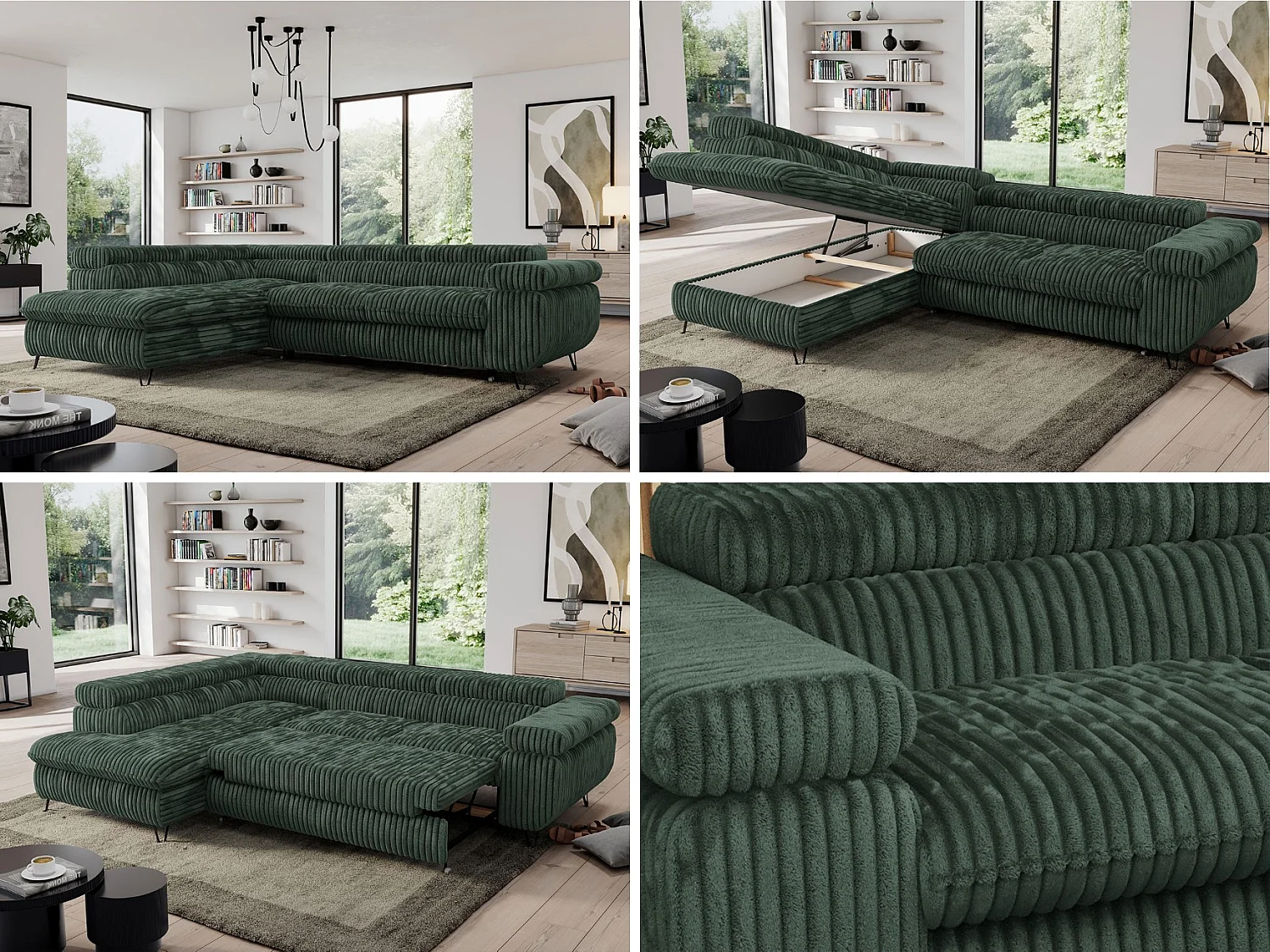Ecksofa PEDRO - L-Form mit Schlaffunktion 200x125 cm, verstellbaren Kopfstützen - Grün Cord - Ecke Links