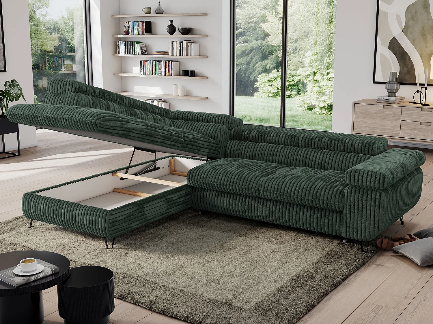 Ecksofa PEDRO - L-Form mit Schlaffunktion 200x125 cm, verstellbaren Kopfstützen - Grün Cord - Ecke Links