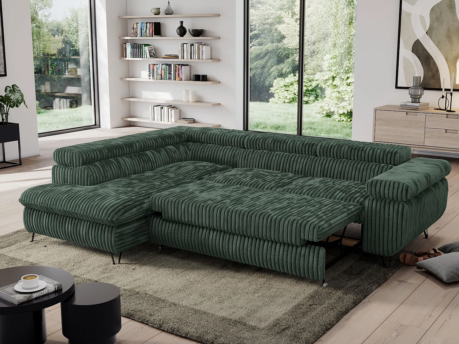 Ecksofa PEDRO - L-Form mit Schlaffunktion 200x125 cm, verstellbaren Kopfstützen - Grün Cord - Ecke Links