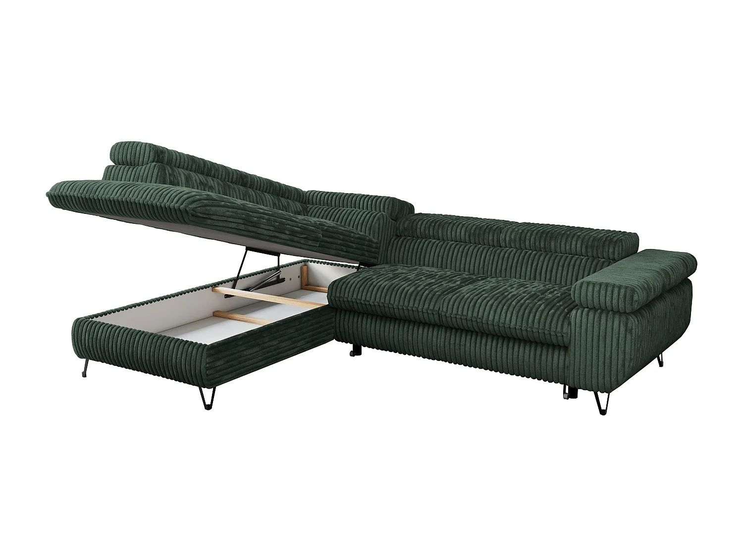 Ecksofa PEDRO - L-Form mit Schlaffunktion 200x125 cm, verstellbaren Kopfstützen - Grün Cord - Ecke Links