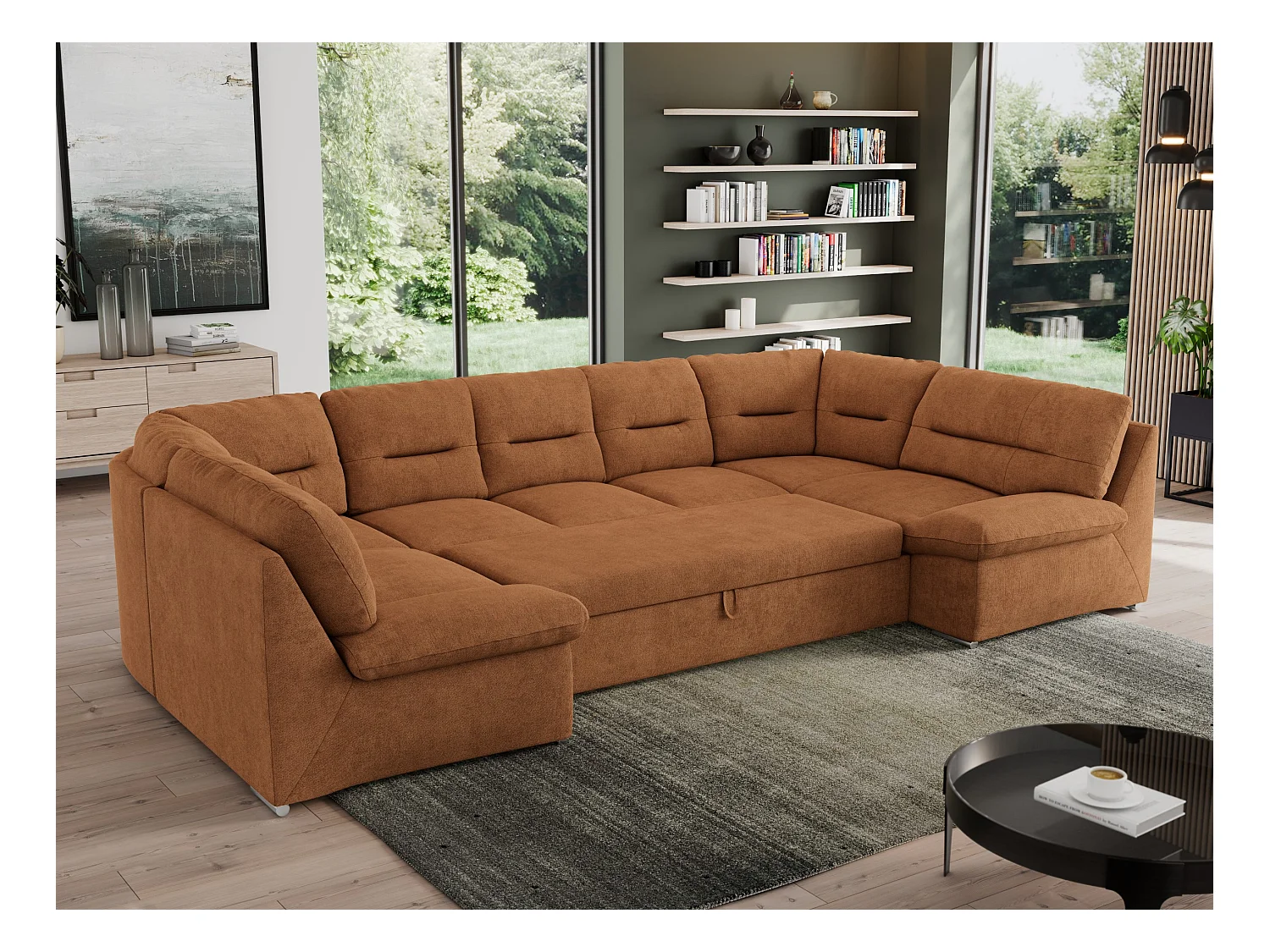 Ecksofa MORBIDO U, XXL Wohnlandschaft mit schlaffunktion - Orange Stukture