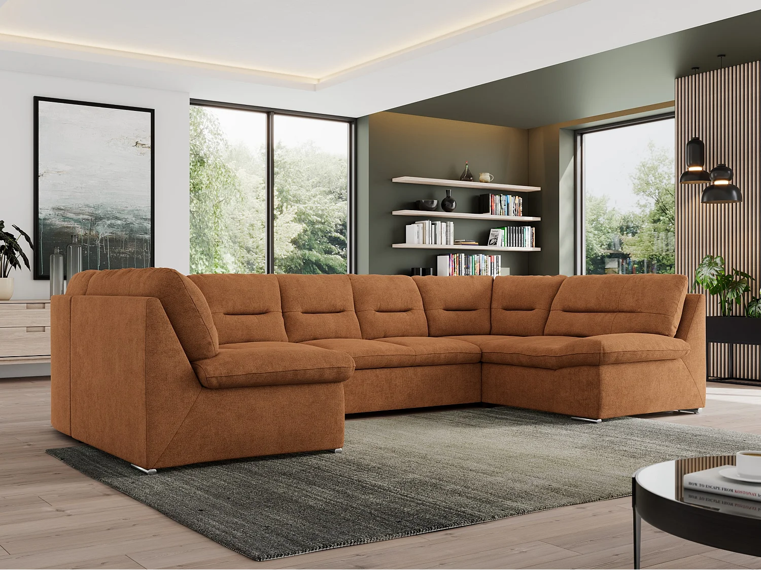 Ecksofa MORBIDO U, XXL Wohnlandschaft mit schlaffunktion - Orange Stukture