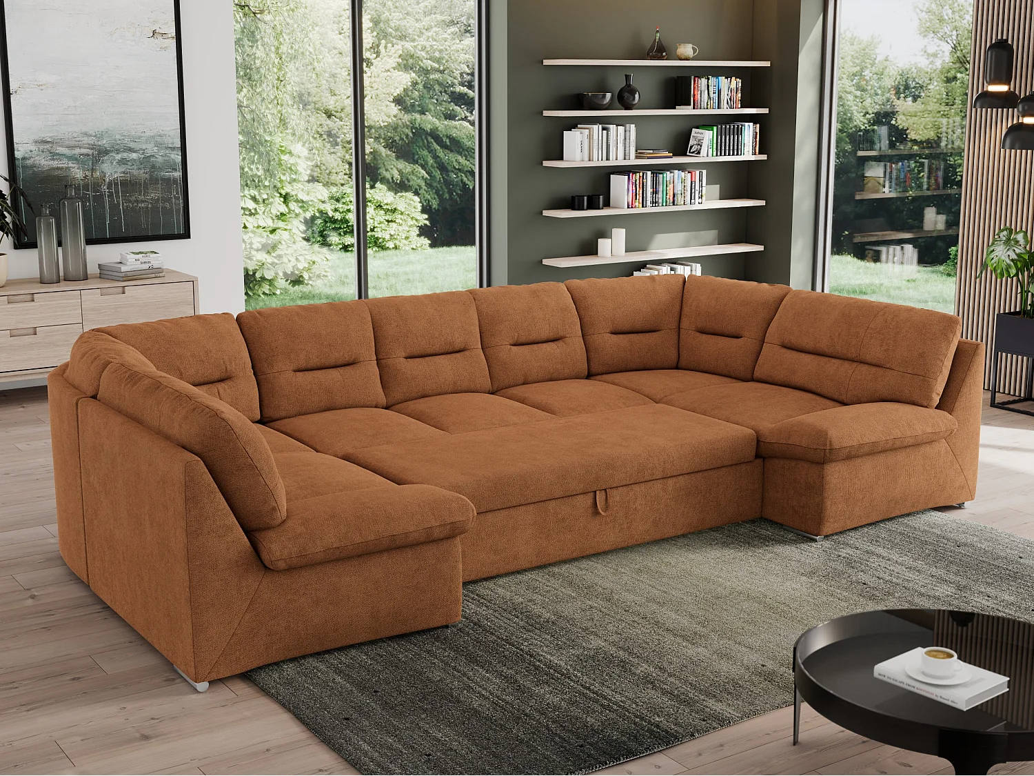 Ecksofa MORBIDO U, XXL Wohnlandschaft mit schlaffunktion - Orange Stukture