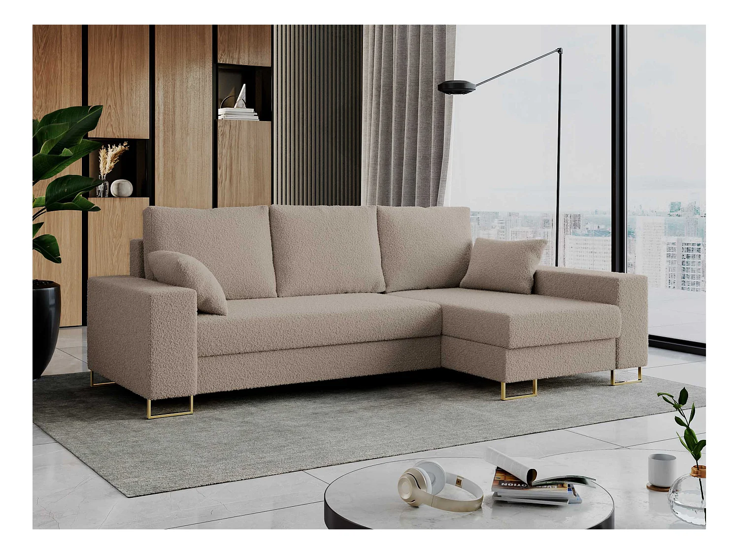 Ecksofa DORIAN - schlaffunktion und Bettkasten, lose Kissen - Hellbraun Boucle