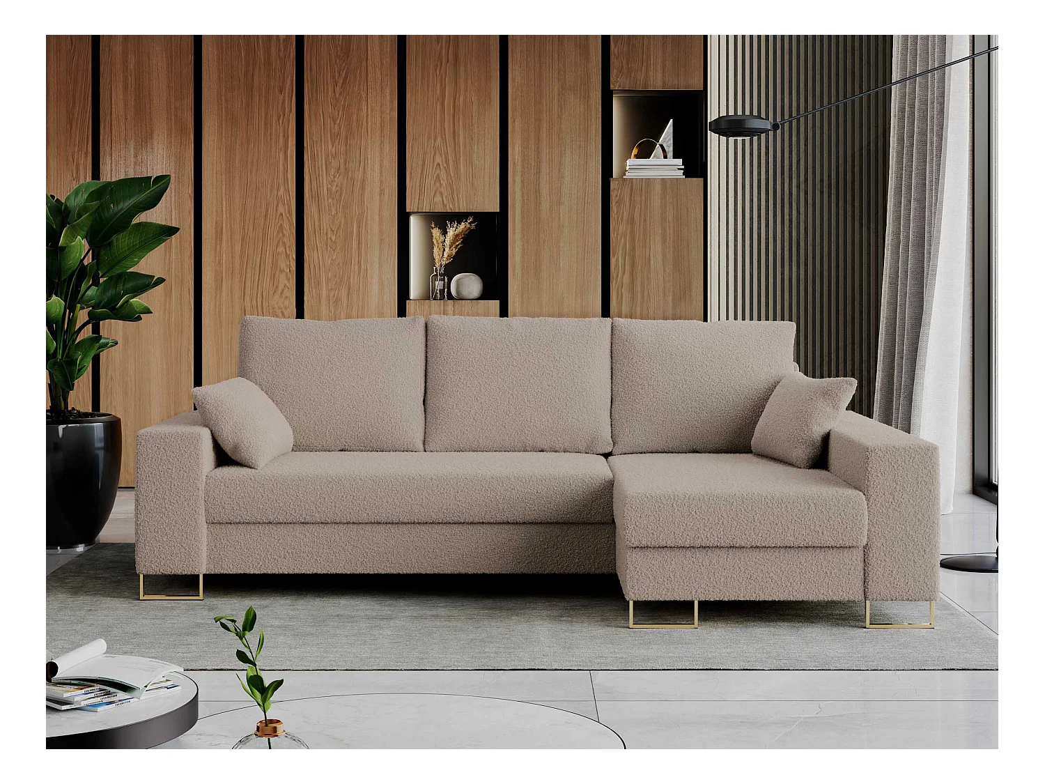 Ecksofa DORIAN - schlaffunktion und Bettkasten, lose Kissen - Hellbraun Boucle