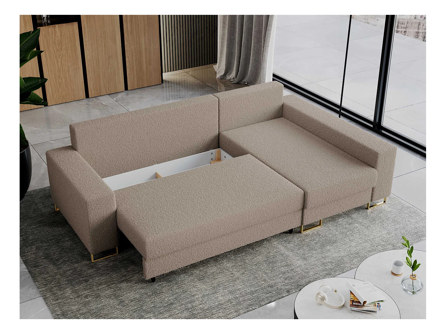 Ecksofa DORIAN - schlaffunktion und Bettkasten, lose Kissen - Hellbraun Boucle