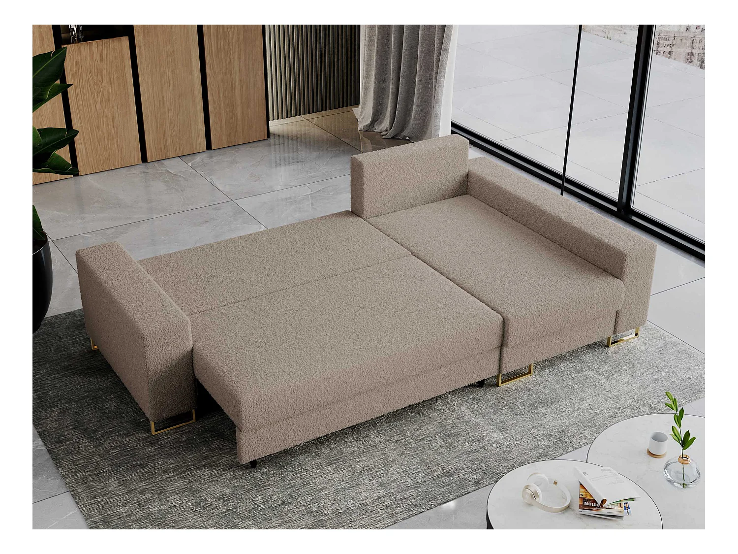 Ecksofa DORIAN - schlaffunktion und Bettkasten, lose Kissen - Hellbraun Boucle