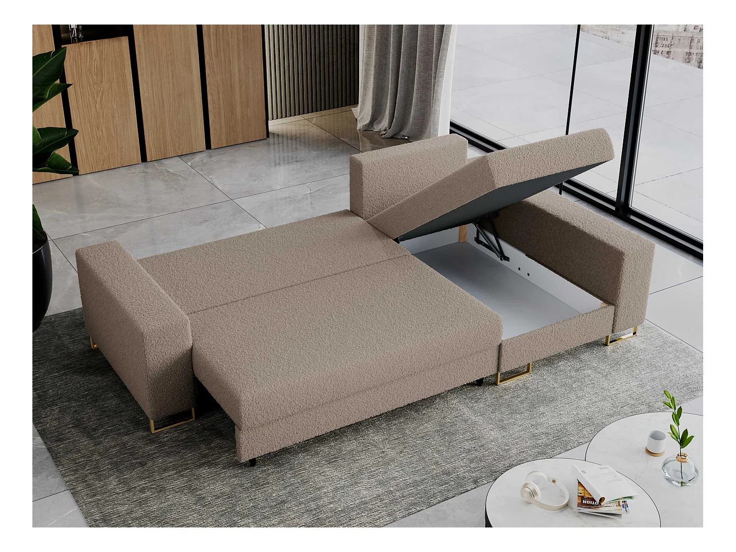 Ecksofa DORIAN - schlaffunktion und Bettkasten, lose Kissen - Hellbraun Boucle