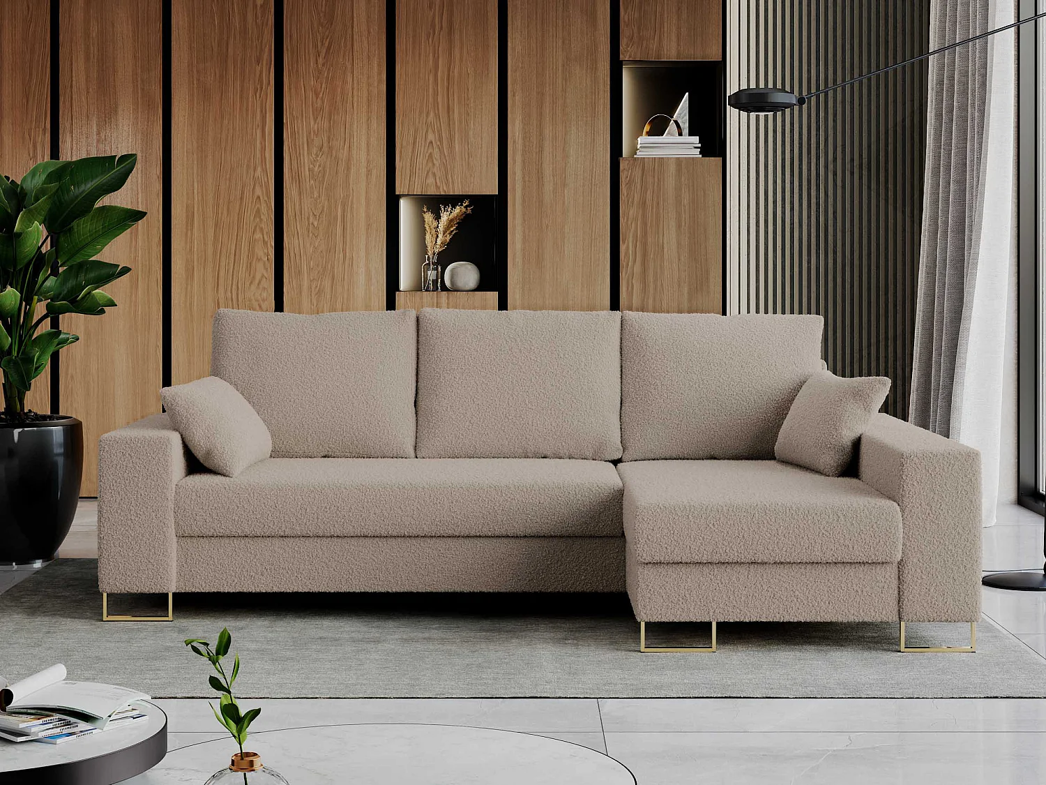 Ecksofa DORIAN - schlaffunktion und Bettkasten, lose Kissen - Hellbraun Boucle