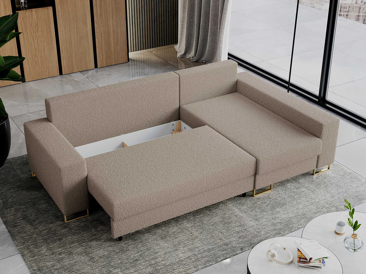 Ecksofa DORIAN - schlaffunktion und Bettkasten, lose Kissen - Hellbraun Boucle