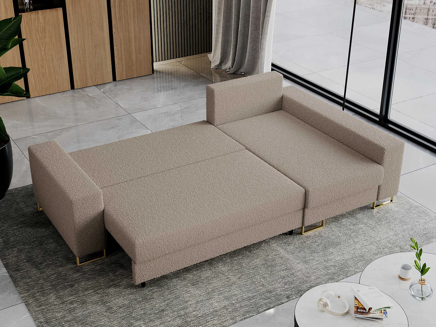 Ecksofa DORIAN - schlaffunktion und Bettkasten, lose Kissen - Hellbraun Boucle