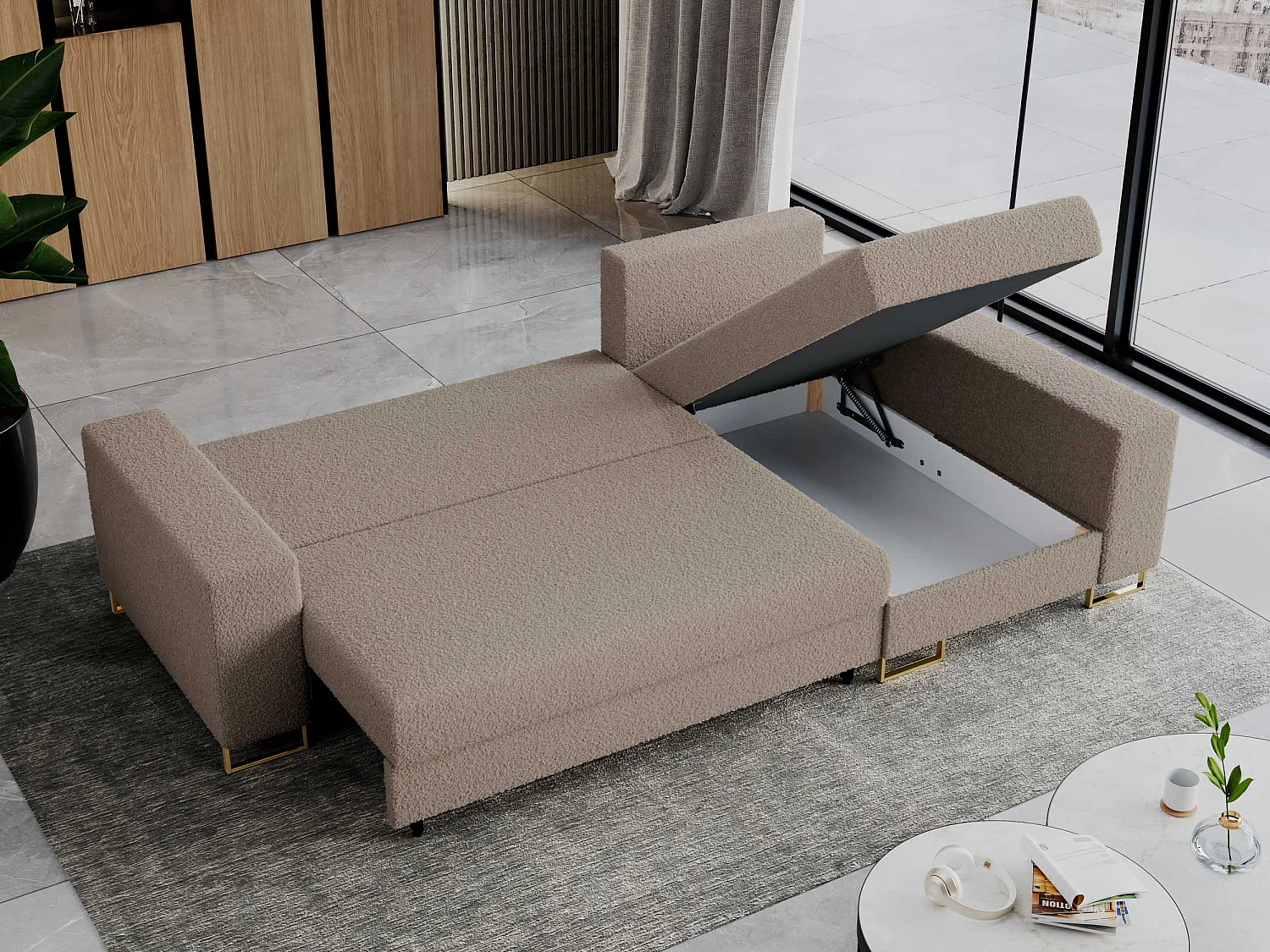 Ecksofa DORIAN - schlaffunktion und Bettkasten, lose Kissen - Hellbraun Boucle