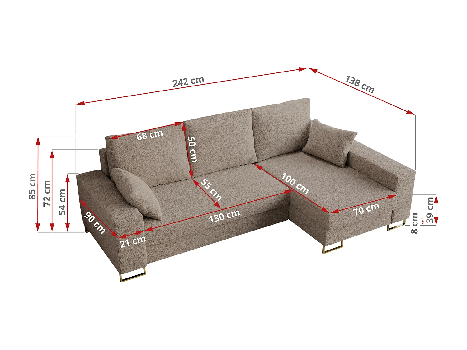 Ecksofa DORIAN - schlaffunktion und Bettkasten, lose Kissen - Hellbraun Boucle