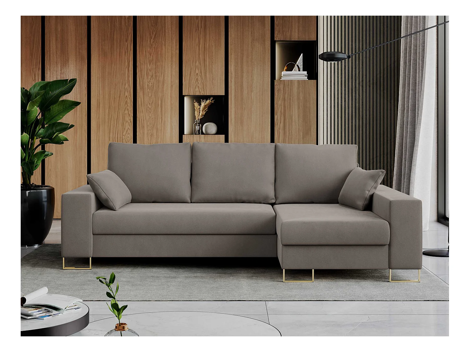 Ecksofa DORIAN - schlaffunktion und Bettkasten, lose Kissen - Hellbraun Velvet