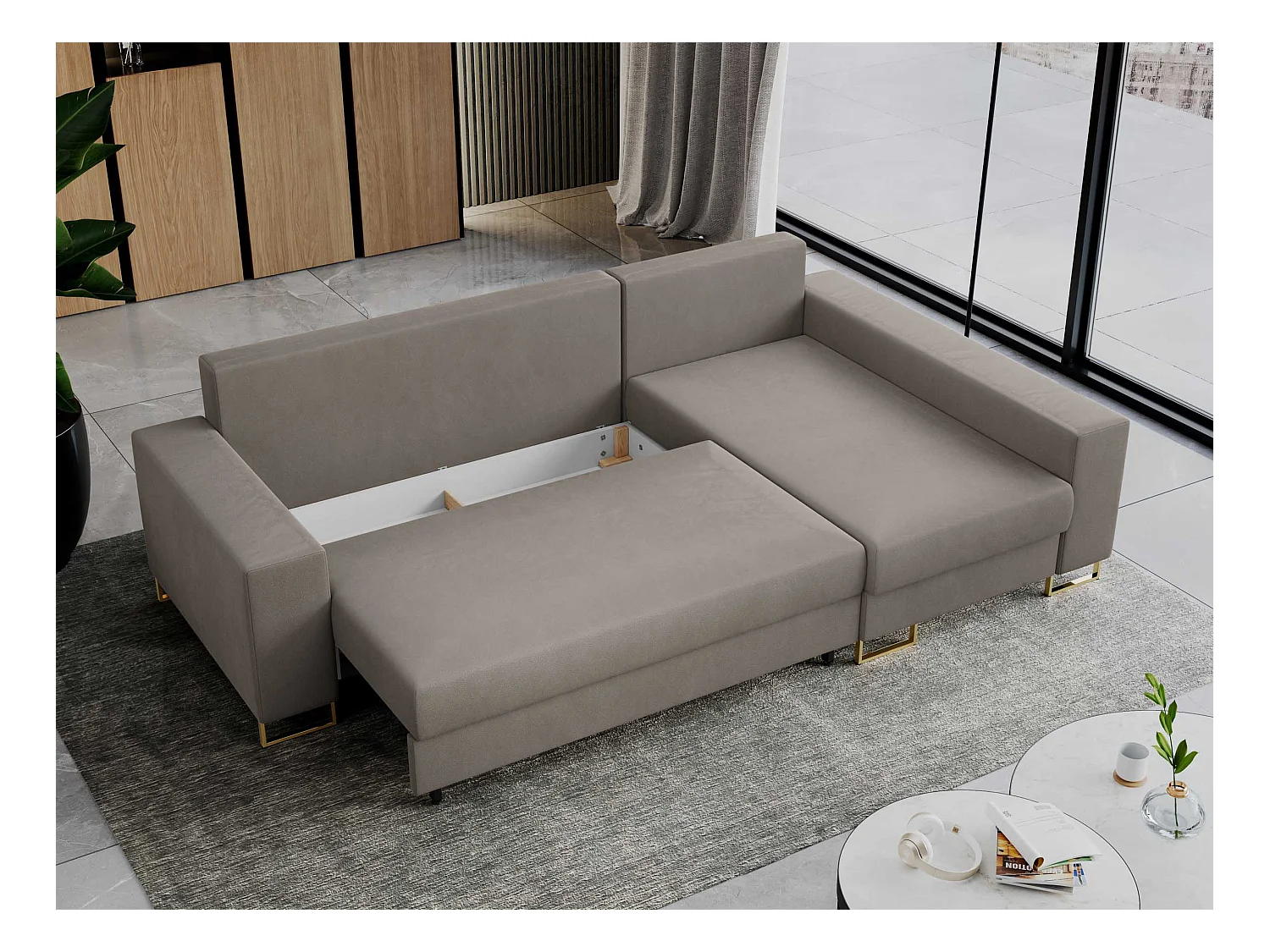 Ecksofa DORIAN - schlaffunktion und Bettkasten, lose Kissen - Hellbraun Velvet