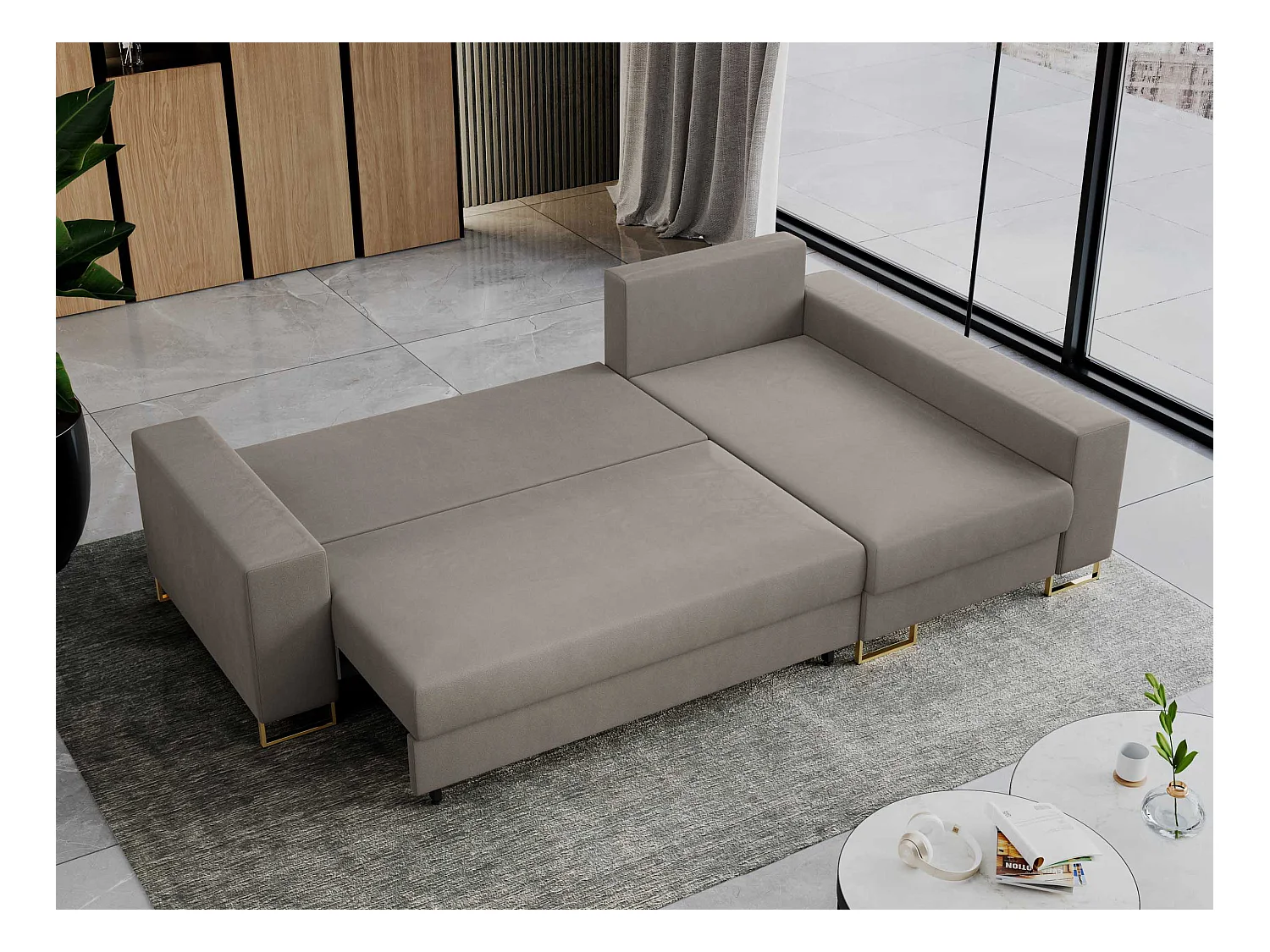 Ecksofa DORIAN - schlaffunktion und Bettkasten, lose Kissen - Hellbraun Velvet