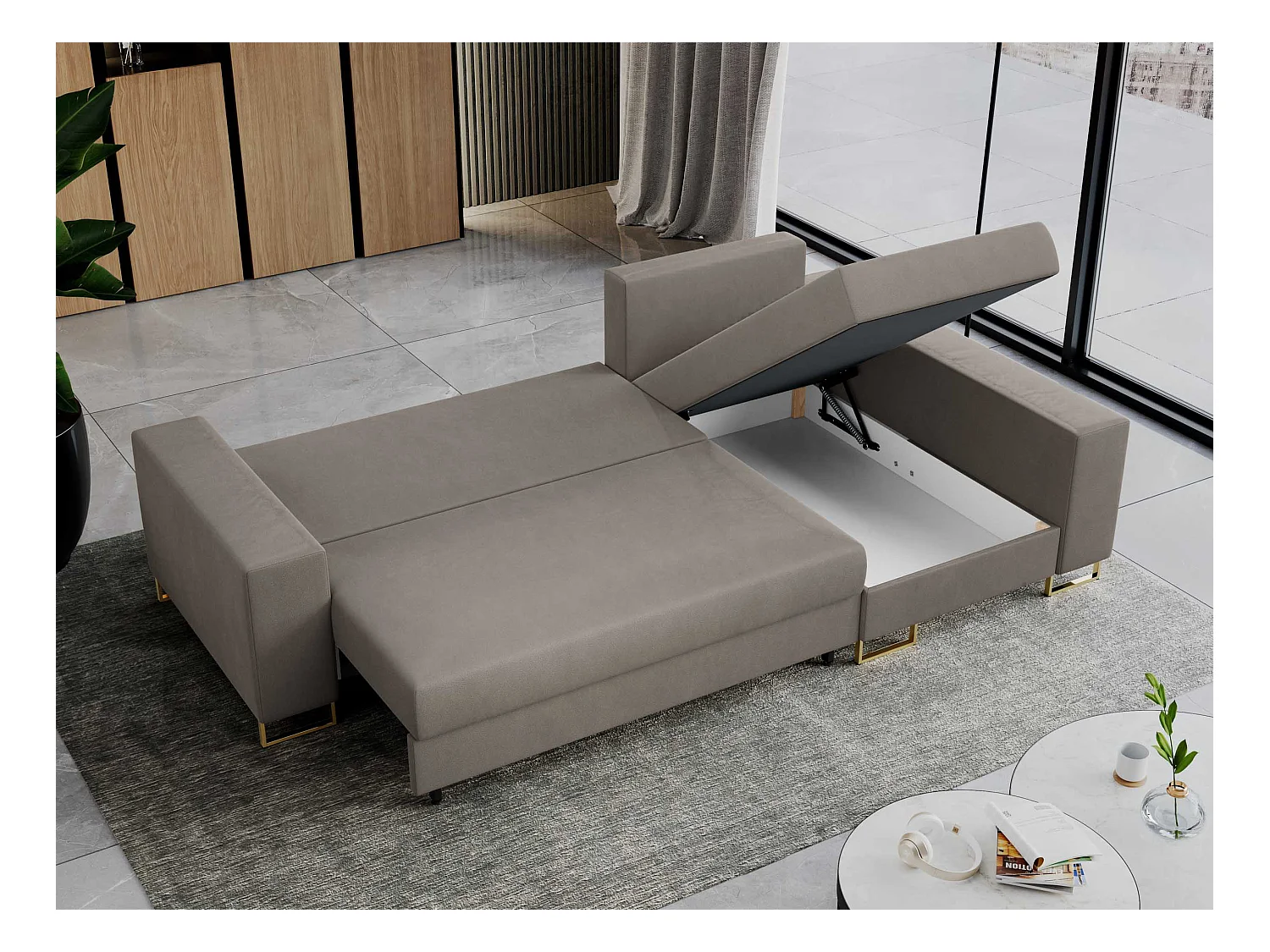 Ecksofa DORIAN - schlaffunktion und Bettkasten, lose Kissen - Hellbraun Velvet