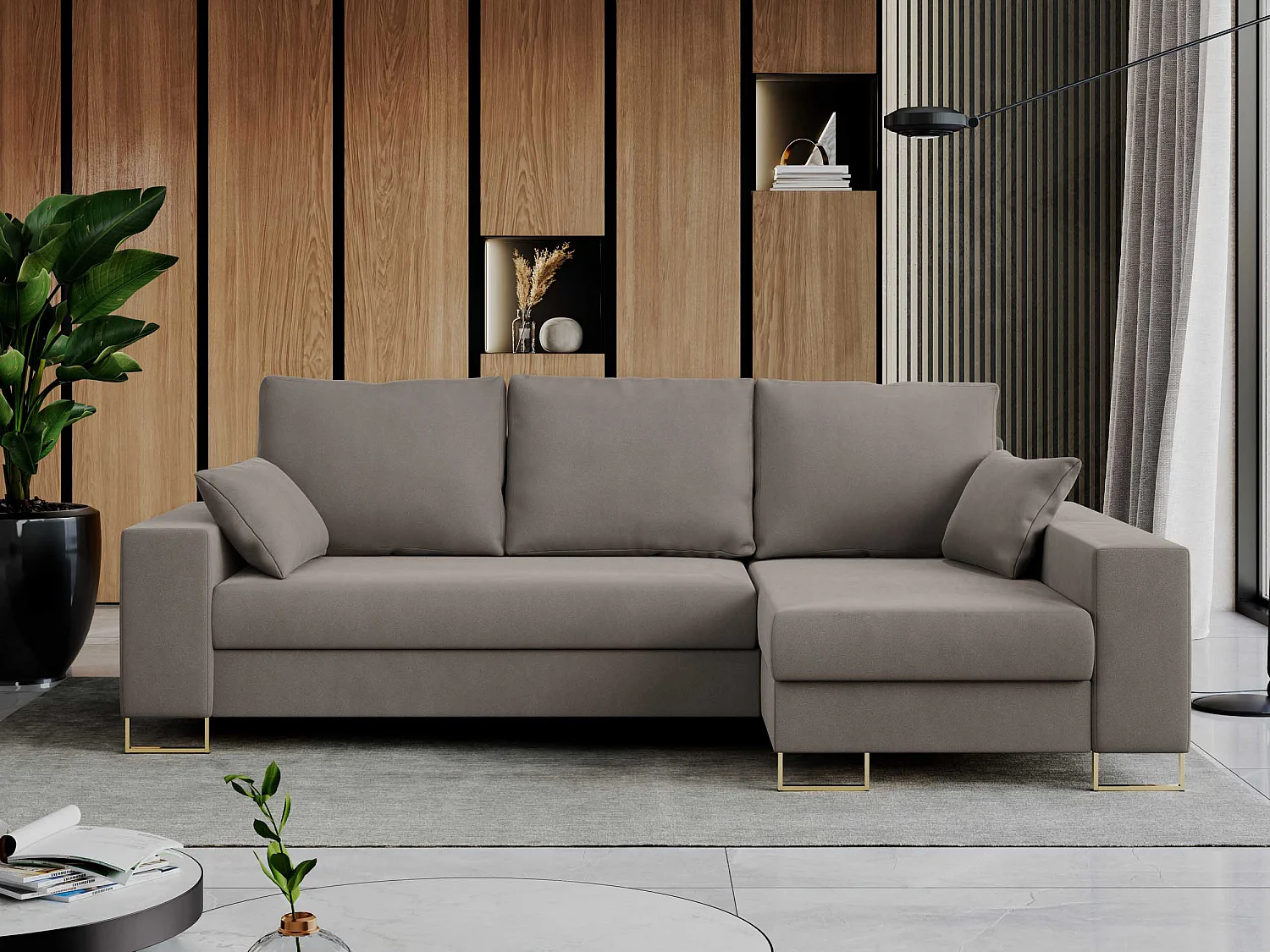 Ecksofa DORIAN - schlaffunktion und Bettkasten, lose Kissen - Hellbraun Velvet